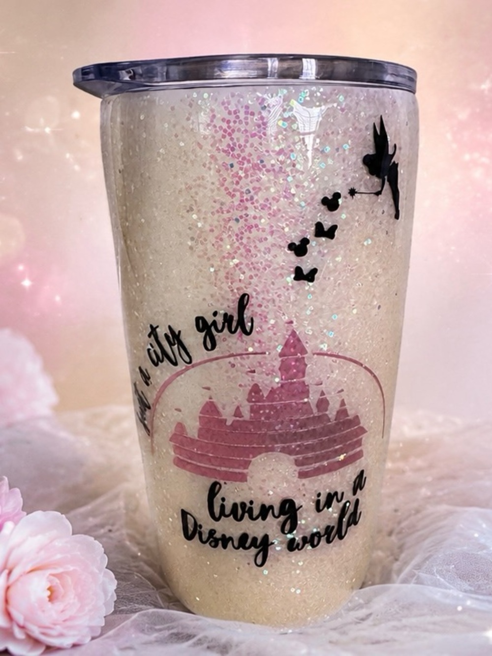 Disney Inspired Cream Glitter Tumbler 20 oz Pink Castle Tinkerbell Travel Cup